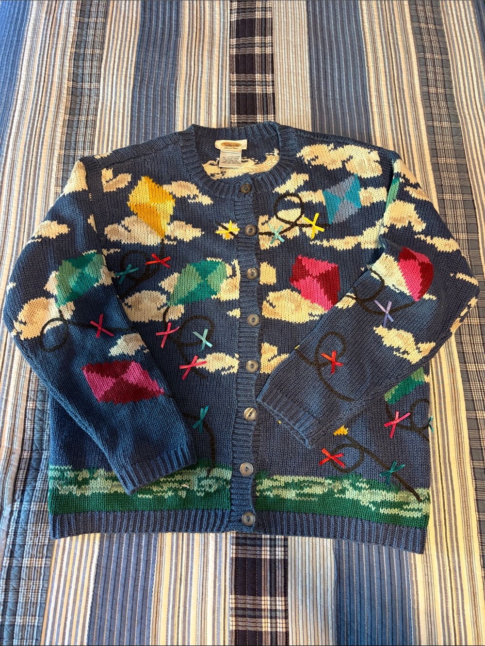 Talbots Multicolor Kite & Clouds Cardigan Handknit Intarsia & Ribbon Trim Medium
